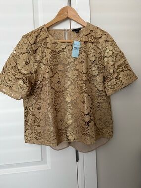 Ann Taylor Metallic Gold Floral Lace Short Sleeve Top